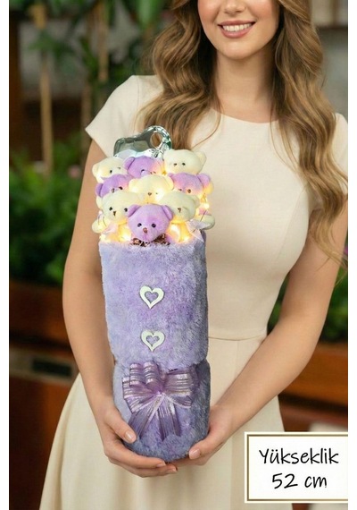 Kadınlar Gününe Özel: Deluxe Mor-beyaz Peluş Ayıcık Led Işıklı Kalp Balonlu Peluş Vazo Tasarımlı Ayıcık Buketi