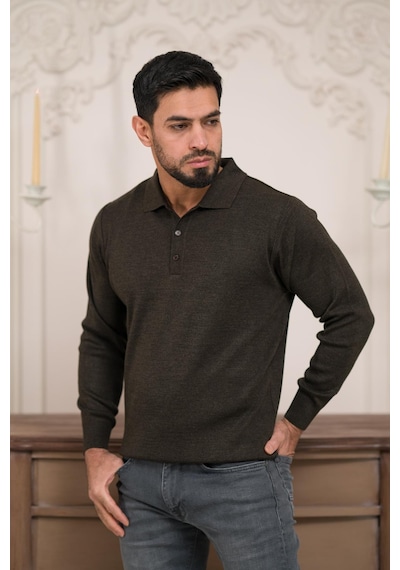 Woolen World Polo Yaka Düz Renk Yünlü Erkek Triko Kazak Kahverengi