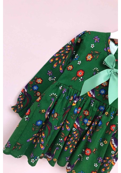 Kuş Desenli Yeşil Pazen Kız Çocuk Bebek Elbise 001