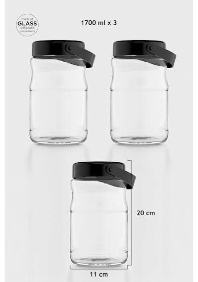 Renga Macro 1700 Ml Siyah Kapaklı 3'lü Cam Kavanoz Seti 131074 Siyah