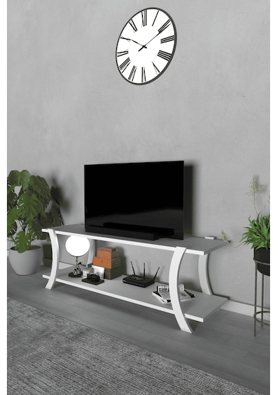 Lavellan Liva Modern Tv Sehpası Çift Katlı Fonksiyonel Televizyon Ünitesi Beyaz