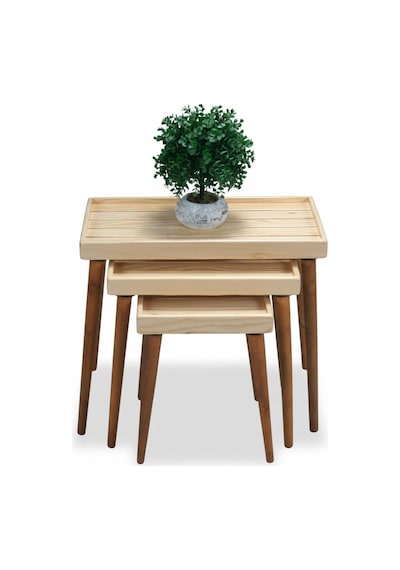 Mobenta Basic Nest-3 Doğal Masif Ahşap 3'lü Zigon Sehpa, Latalı - Bz Krem