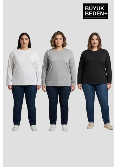 Süperlife Kadın Büyük Beden 3'lü Set Uzun Kollu 2 İplik Bisiklet Yaka Tişört Spr26bts942+2 Beyaz Süperlife Kadın Büyük Beden 3'lü Set Uzun Kollu 2 İplik Bisiklet Yaka Tişört Spr26bts942+2 Beyaz