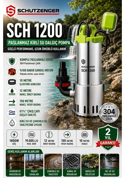 Sch1200 Komple Paslanmaz Kirli Su Dalgıç Pompa 3 Hq Otomatik 19 Ton Su Atar 12 Mt Dik Atar Çamurlu Su 1800w