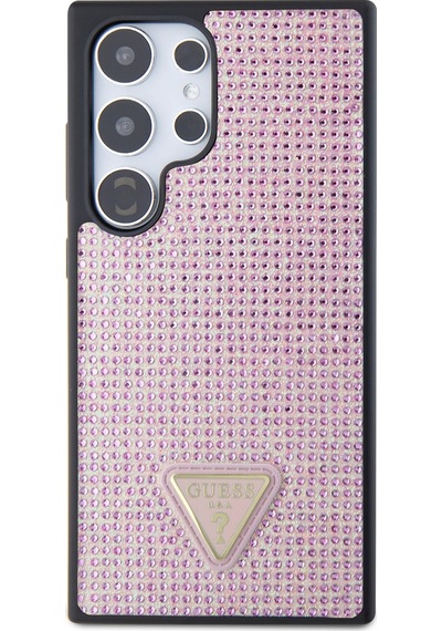 Galaxy S24 Ultra Uyumlu Kılıf Guess Lisanslı Taşlı Arka Yüzey Üçgen Logolu Kapak Pembe