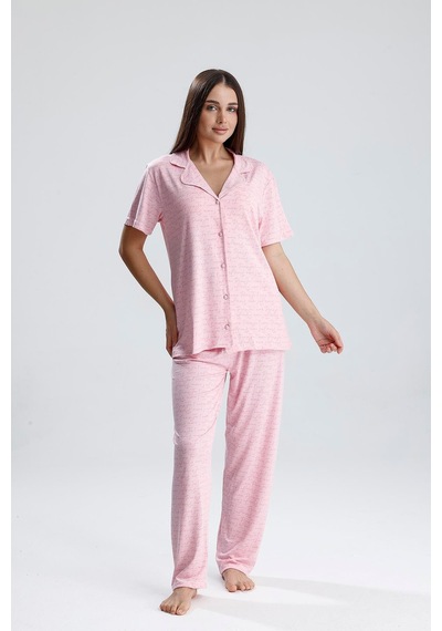 Kompedan Kadın Önden Düğmeli Pijama Takım Pembe Paris Pmb Paris