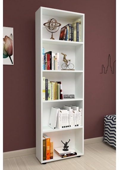 Bofigo Dekoratif 5 Raflı Kitaplık Modern Kitaplık Çınar Beyaz