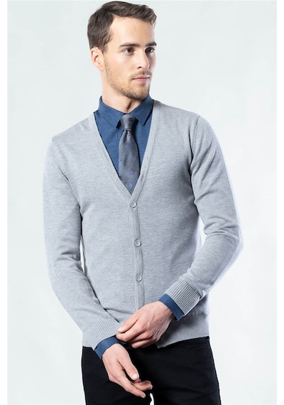 Tudors Slim Fit Dar Kesim Düğmeli Düz Pamuk Erkek Hırka-15253 Gri