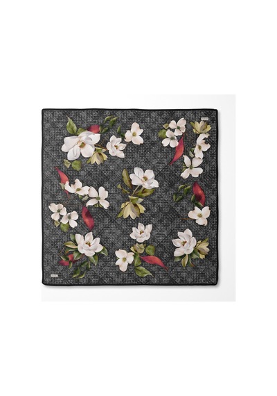 Levidor Çiçek Desenli Twill İpek Eşarp-0942 Siyah-füme