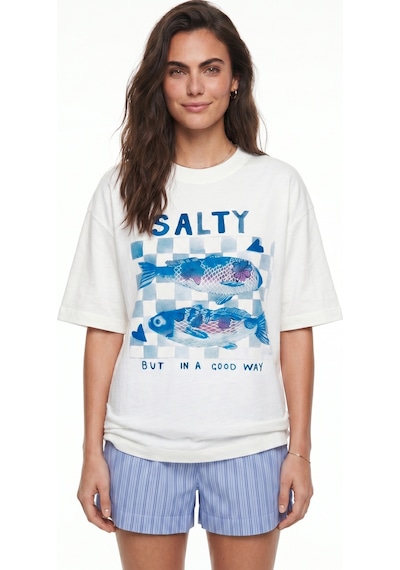 Onloox Kadın Beyaz Beyaz Pamuklu Bisiklet Yaka Oversize Düşük Omuz Salty Grafik Baskılı Kısa Kollu T-shirt