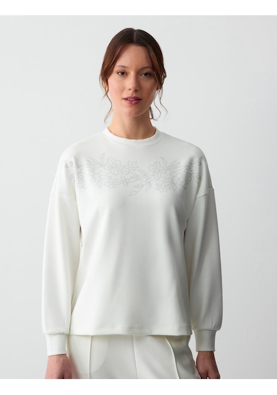 Jimmy Key Beyaz Bisiklet Yaka Uzun Kollu Çiçek Desenli Örme Sweatshirt 5sw232779100