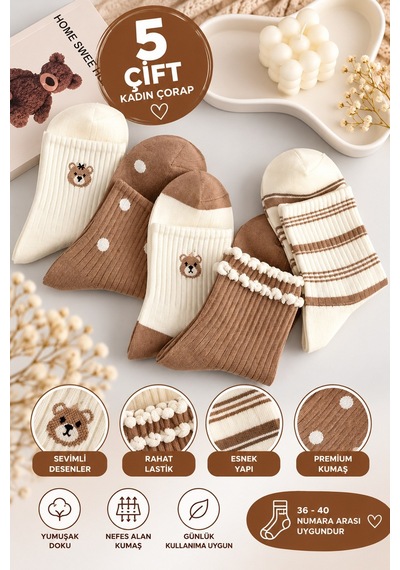 Hitit Socks Kadın 5 Çift Premium Ayı Ve Çizgi Desenli Uzun Kolej Çorap Çok Renki Kahverengi