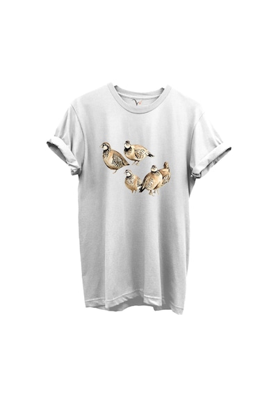 Beşli Keklik Baskılı Doğa Ve Av Temalı %100 Pamuk Regular Fit Unisex T-shirt Beyaz