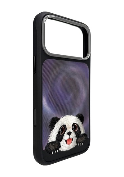 Panda İphone 18 Pro Max Uyumlu Magsafe Kılıf Gerçek Nakış İşlemeli, Takip Eden Gözlü Siyah