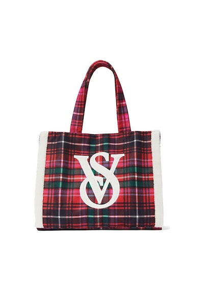 Victoria's Secret Kenarları Polarlı Ekoseli Tote Çanta Kırmızı
