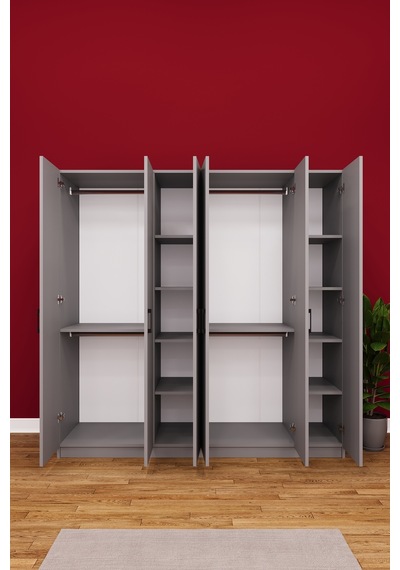 Asra Trend 6 Kapaklı Gardırop G-06 %100 MDF Çift Katlı Askılı Elbise Dolabı Kül Gri