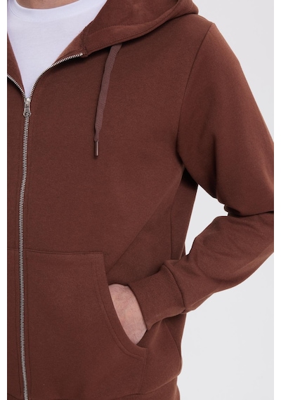 Tudors Unisex Relax Fit Rahat Kesim Pamuklu İçi Polarlı Çift Cepli Tam Fermuarlı Kahverengi Kapüşonlu Sweatshirt-41654 Kahverengi