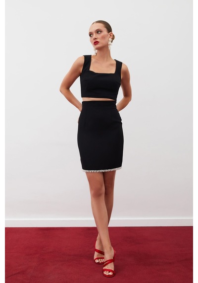 Sateen Kare Yaka Crop Bluz - Siyah-134915 Siyah