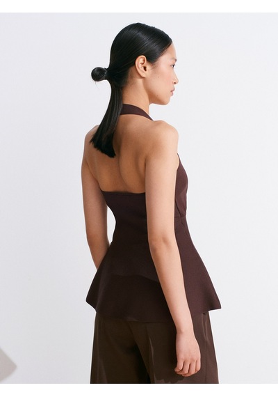 Dilvin 10787 Halter Yaka Metal Detaylı Peplum Triko Bluz-kahve Kahve