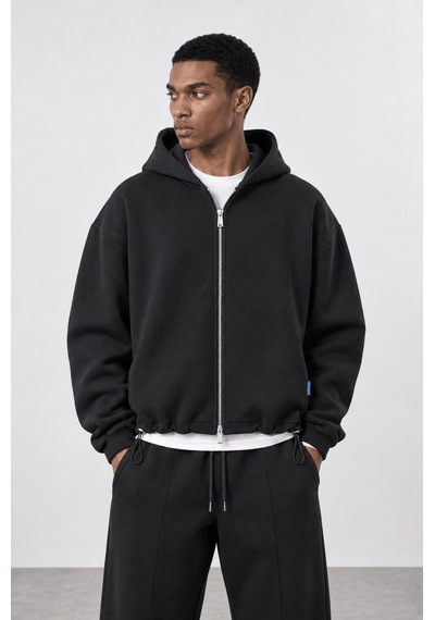 Respire Erkek Lastik Detaylı Panda Oversize Zip Siyah