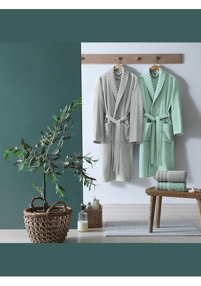 Taç Pure Cotton Aile Bornoz Seti Simple Yeşil-Gri Gri - Yeşil