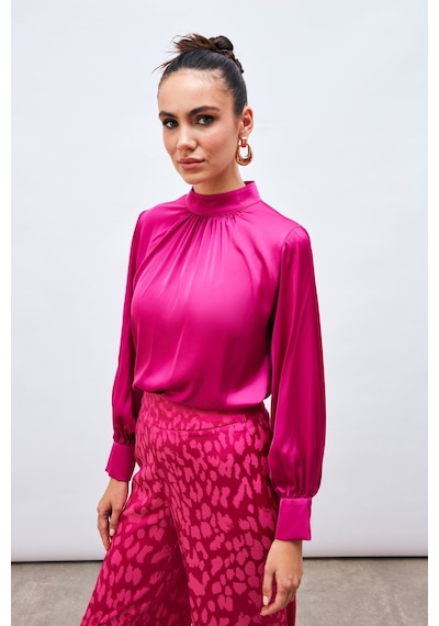 Sateen Yaka Detaylı Saten Bluz - Fuşya