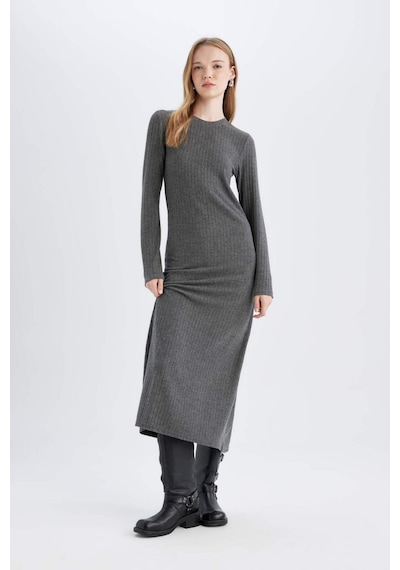 Defacto Bodycon Vücudu Saran Bisiklet Yaka Basic Düz Kaşkorse Uzun Kollu Maxi Elbise D3373AX24WNAR104 Antrasit