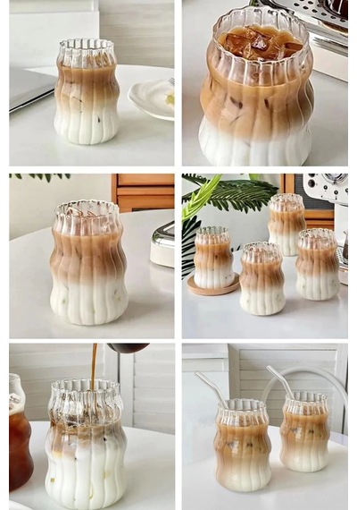 12'li Sukabağı Latte Pipetli Cam Bardak İskandinav Burgu Kahve Kokteyl 3 Katlı Sunum Bardağı 400ml Şeffaf