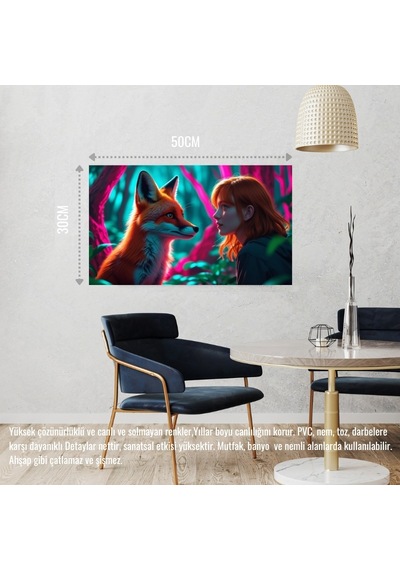 Tilki Neon Ormanda Bir İnsanla Etkileşim Mistik 01 Çerçevesiz 50x30 Cm Pvc Tablo