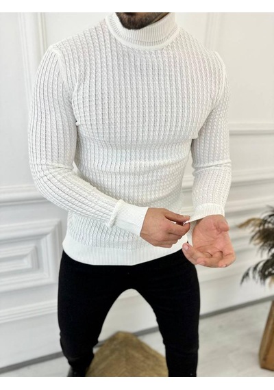 Kazak Slim Fit Tüylenmez Naturel Pamuk Triko Boğazlı Balıkçı Yaka Kazak Beyaz