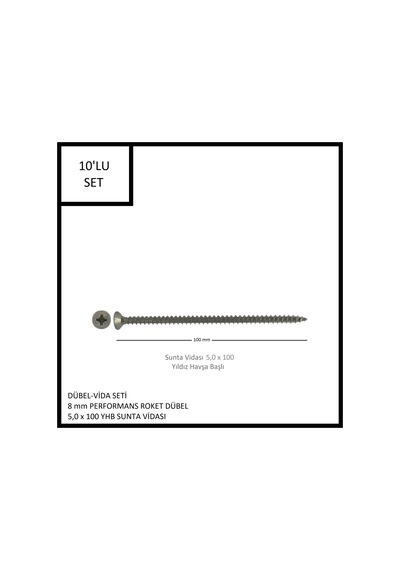 Dübel-vida Seti, Performans Roket Dübel 8 Mm, 5,0x100 Yhb Sunta Vidası, 10 Adet