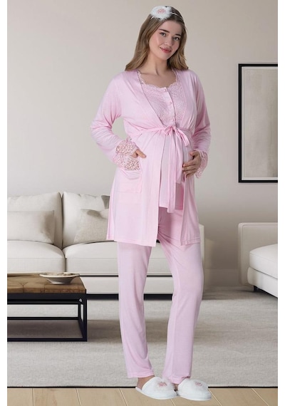 Mecit Pijama Mecit 6062 Pembe Sabahlıklı Gecelik Pijama Lohusa Set 001