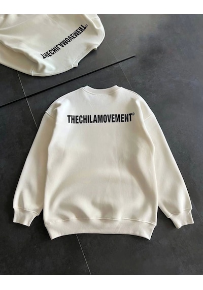 İkales Kışlık Bisiklet Yaka Oversize Baskılı Sweatshirt - Beyaz