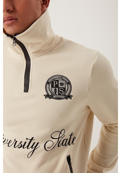 Polostate Erkek Dik Yaka 3 İplik Sweatshirt Ekru