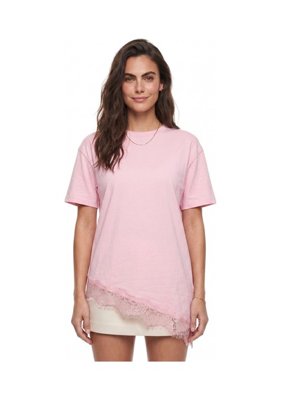 Onloox Kadın Pembe Pembe Yumuşak Kumaş Kısa Kollu Rahat Kalıp Asimetrik Kesim Dantel Detaylı T-shirt