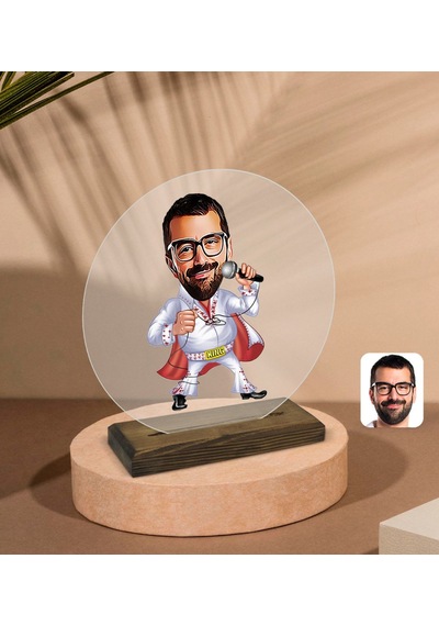 Kişiye Özel Elvis Presley Karikatürlü Yuvarlak Ahşap Standlı Bibl
