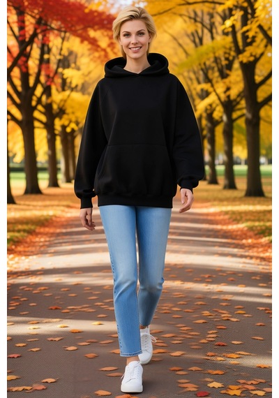 Ersefa Kadın Kapüşonlu Pamuklu Üç İplik Unisex Sweatshirt Reglan Kollu R siyah