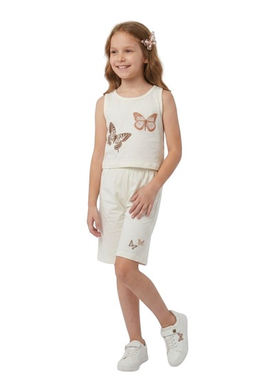 New Kids Kelebek Baskılı Şortta Kelebek Byz Yaldız Detaylı. Kız Çocuk Takım-91180 Beyaz