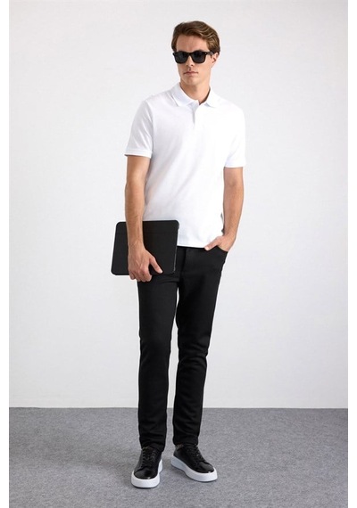 Süvari Beyaz Regular Düz Nakışlı Pike Düğmeli Polo Yaka Tişört Ts1014000473-bey