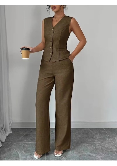 Defymoda Kadın Askılı Önden Düğmeli Bluz Ve Pantolon Keten Ikili Takım Kahve