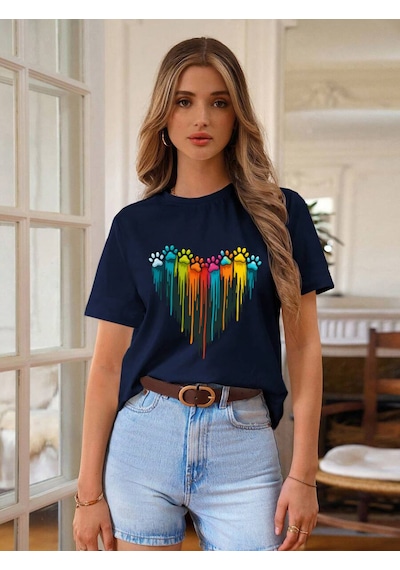 Unisex Sevimli Kedi Patili Kalp Tasarım Basklı Tshirt Lacivert