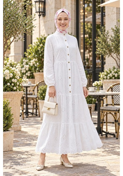 Hb Harma Time Butik Kadın Düğmeli İçi Astarlı Güpür Kumaş Tesettür Elbise Beyaz Beyaz