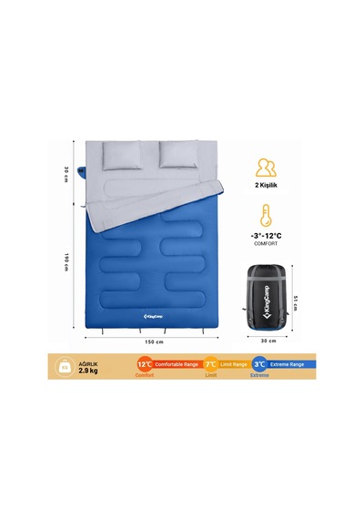 Kingcamp Oxygen 250-d Çift Kişilik Yastıklı Uyku Tulumu Blue Gri - Mavi