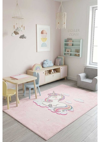 Frenda Home Unıcorn Pamuk Taban Dekoratif Baskılı Çocuk Odası Halısı Pembe