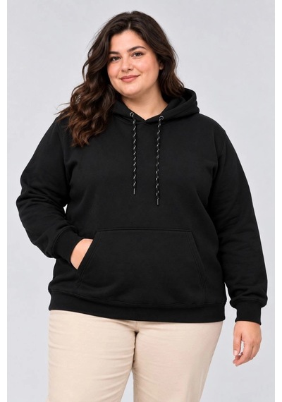 Moda Kadın Battal Büyük Beden Üç İplik İçi Şardonlu Kapüşonlu Kanguru Cepli Kışlık Sweatshirt - Siyah Çok Renkli
