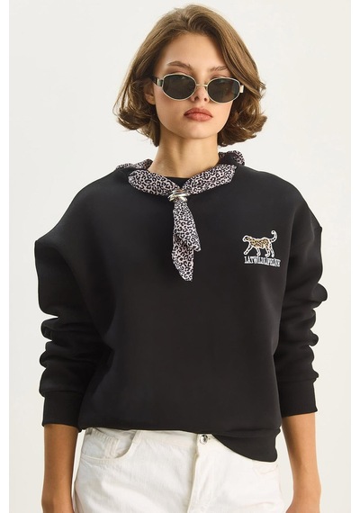 Shade Kadın Fular Detaylı Leopar Nakışlı Üç İplik Şardonlu Oversize Sweatshirt 6917 60283616 - Siyah