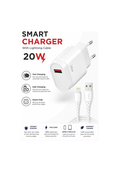 C48l Smart Charger 20w Usb Lightning Kablolu Hızı Şarj Aleti Fast Charging Smart Chip Safe Charging Adaptör Ve Şarj Kablosu