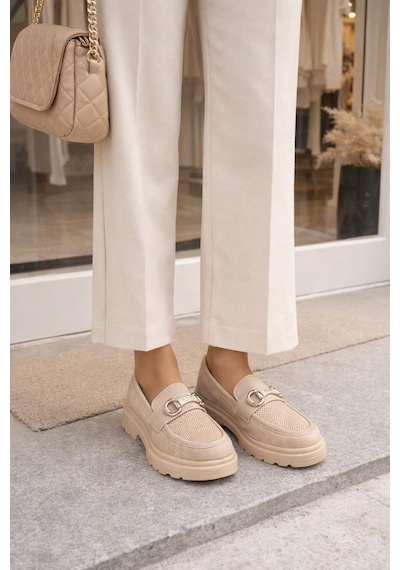 Kadın Nude Tokalı Loafer Ayakkabı Bej