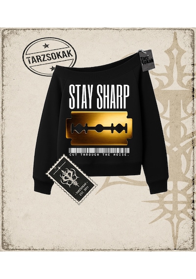 Tarzsokak Gotik & Grunge Streetwear Stay Sharp Kayık Yaka Sweatshirt Siyah