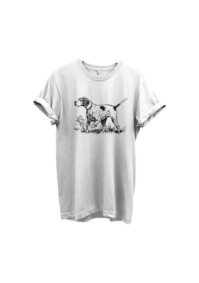 Siyah Çizgisel Pointer Av Köpeği Tasarımlı %100 Pamuk Regular Fit Unisex T-shirt Beyaz